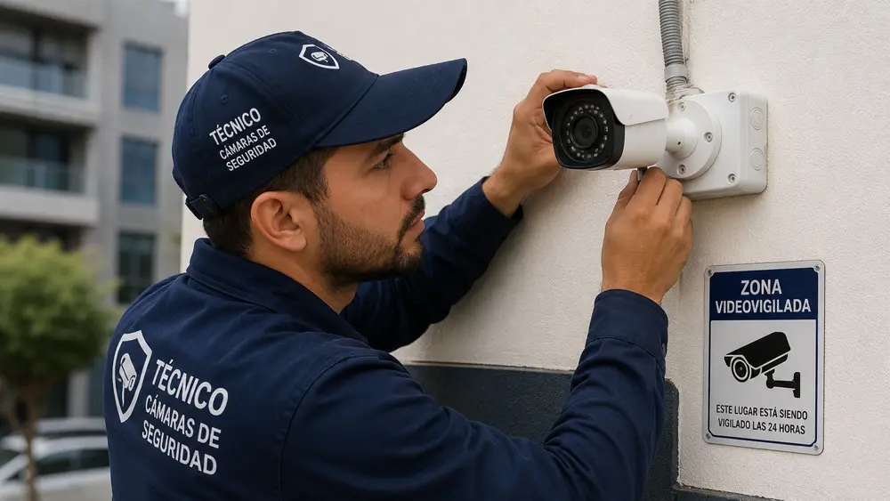 Técnico de cámaras de seguridad realizando mantenimiento CCTV en Bogotá